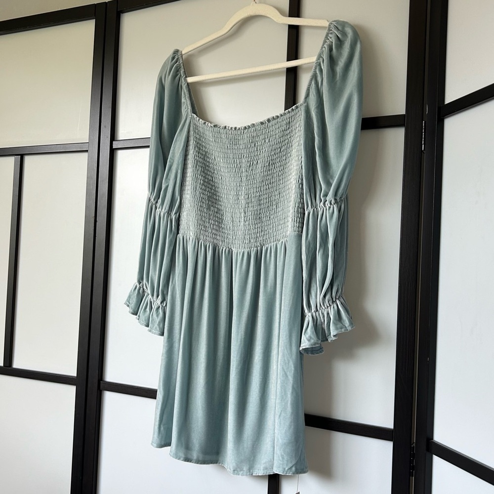 [M] BNWT Reformation Albi Dress In Turquoise Velvet Ruffle Sleeve Mini Dress - Picture 4 of 15